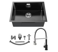 Auralum Fregadero Cocina 1 Seno 55x44cm + Grifo Cocina Negro con Ducha de 2 Modos de Rociado, Negro
