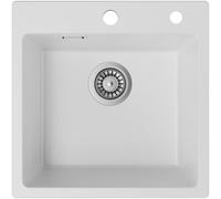 Auralum Fregadero Cocina Blanco 45 x 45 cm, Granito Fregadero Cocina 1 Seno con Sifón y Juego Desagüe, Fregadero sobre encimera al mueble 45 cm