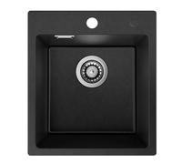 Auralum Fregadero Cocina Negro 40 x 45 cm, Granito Fregadero Cocina 1 Seno con Sifón y Juego Desagüe, Fregadero sobre encimera al mueble 40 cm