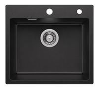 Auralum Fregadero Cocina Negro 50 x 45 cm, Granito Fregadero Cocina 1 Seno con Sifón y Juego Desagüe, Fregadero sobre encimera al mueble 50 cm