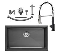 Auralum Fregadero Cocina Negro 70x44cm + Grifo Cocina Negro con Ducha de 2 Modos de Rociado