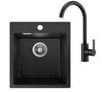 Auralum Fregadero con grifería de granito negro 40 x 45 cm + grifo de cocina negro