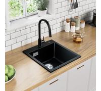 Auralum Fregadero con grifería de granito negro 40 x 45 cm + grifo de satélite noble para cocina extensible