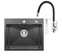 Auralum - Fregadero con grifo de 55 x 45 cm, empotrable, de acero inoxidable, color negro y antracita, grifo flexible de cocina, color negro, incluye dispensador de jabón y sifón, fregadero con juego