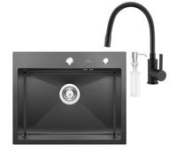 Auralum - Fregadero con grifo de 55 x 45 cm, empotrable, de acero inoxidable + grifo de cocina negro, fregadero de cocina con dispensador de jabón + sifón, fregadero color negro antracita con grifo