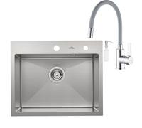 Auralum Fregadero de acero inoxidable 55 x 45 cm + grifo de cocina flexible, incluye dispensador de jabón y sifón, fregadero con grifo, set de cocina