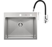 Auralum - Fregadero de acero inoxidable rectangular 55 x 45 cm + grifo flexible, para cocina, incluye dispensador de jabón y sifón, lavabo de cocina con 1 lavabo + grifo de cocina