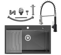 Auralum Fregadero Negro 75x45cm con Escurreplatos + Grifo Cocina Negro con Ducha de 2 Modos de Rociado