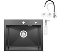 Auralum Fregadero rectangular de 55 x 45 cm + grifo de cocina flexible con 2 tipos de chorro, incluye dispensador de jabón y sifón + grifo de cocina, color negro