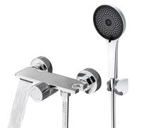 Auralum Grifo Bañera Monomando Latón Efecto Cascada con Alcachofa de Ducha 5 modos y Flexo Ducha de Acero Inoxidable 1.5m pare Bañera y Baño, Chrom