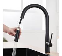 Auralum Grifo Cocina Negro Extraible, Grifos de Cocina Fregadero Monomando con Ducha Extensible, Torneira Cozinha para Agua fría o caliente, Acero Inoxidable