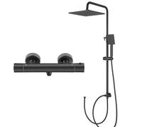 Auralum Grifo de ducha con termostato negro, sistema de ducha con ducha de lluvia cuadrada (25 × 25 cm), alcachofa de mano, termostato y barra de ducha ajustable en altura