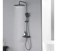 Auralum Grifo Ducha Termostatico, Columna Ducha Negra con Estante, Alcachofa de Ducha Lluvia 30x19cm, Cabezal Ducha de Mano con 3 Modos, Duchas de Baño Columna Altura Regulable 88-124cm