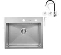 Auralum - Lavabo de cocina 55 x 45 cm + grifo flexible de cocina con 2 tipos de chorro, fregadero de acero inoxidable, rectangular, incluye dispensador de jabón y sifón, fregadero empotrado, 1 lavabo