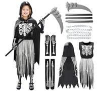 Aurasky Disfraz de Sensenmann para niña, disfraz de Halloween para niños con capucha, cadenas fantasma, calcetines de esqueleto, disfraz para niños, disfraz de terror para Halloween, cosplay, fiesta