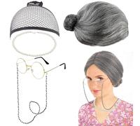 Aurasky Kit De Disfraz De Anciana De 5 Piezas, Peluca De Abuela, Gorro, Gafas, Collar De Cadena, Disfraces De Cosplay De Abuela Para Fiesta De Carnaval De Halloween