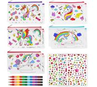 Aurasky Unicornio Estuches para Colorear, 10 Bolsa de Tela para Pintar+4 Ceras de Colores Apilables (12 Colores en 1), Estuches para Pintarlos Niños Pequeños Regalos y Regalos Invitados Cumpleaños