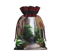 aUrban Jungle - Bolsa de yute con cordón con tela a cuadros y etiqueta de papel kraft, bolsa ligera y duradera