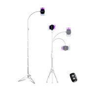 Aureday Trípode para teléfono móvil de 225 cm con manguera flexible de 38 cm, giratorio 360°, mando a distancia Bluetooth y soporte para iPhone, teléfonos Android y cámaras (plateado)