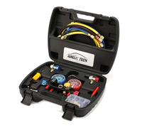 AURELIO TECH Juego de manómetros de aire acondicionado de 4 vías versión 2020 para refrigerantes R134A R410A R404A R22 con manguera de 5 pies, 3 adaptadores de tanque Acme, acopladores ajustables y