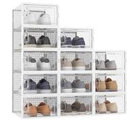 AURENZA Cajas de Zapatos Apilables, Pack de 12, Hasta Talla 44, Blanco | Zapatero de plástico, puerta transparente, apertura frontal y ventilación, organizador de zapatos con montaje fácil