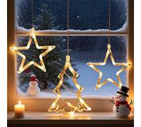 Aurevita Decoraciones de Ventana de Navidad, 3 Piezas de Luces LED para Ventana - 2x Estrella de Cinco Puntas, 1x Árbol de Navidad, Funciona con Pilas con Temporizador, Decoración de Ventana con