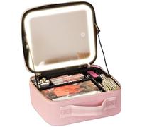 Auricrest Beauty Reformation Travel Makeup Bag with Adjustable Dividers, withs Mirror, with LED Lighted Make up Case, 3 Color Setting Cosmetic Makeup Box Organizer (Pink)