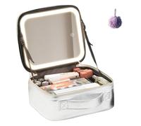 Auricrest Travel Makeup Bag, Auricrest Makeup Bag, with LED Mirro, with Adjustable Dividers, Waterproof Portable for Travel (Silver)