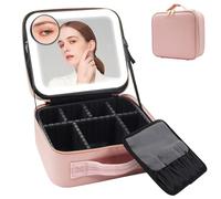 Auricrest Travel Makeup Bag, Beauty Reformation Travel Makeup Bag, with 3 Color LED Lighted and Mirror, Travel Makeup Bags with Adjustable Dividers for Travel & Dail (with 20 Magnifying,Pink)