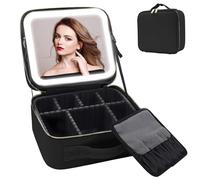 Auricrest Travel Makeup Bag, Beauty Reformation Travel Makeup Bag, with 3 Color LED Lighted and Mirror, Travel Makeup Bags with Adjustable Dividers for Travel & Dail (Only Bag,Black)