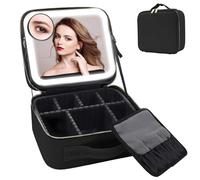 Auricrest Travel Makeup Bag, Beauty Reformation Travel Makeup Bag, with 3 Color LED Lighted and Mirror, Travel Makeup Bags with Adjustable Dividers for Travel & Dail (with 20 Magnifying,Black)