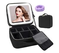 Auricrest Travel Makeup Bag, Beauty Reformation Travel Makeup Bag with Adjustable Dividers, Cosmetic Storage Box with 3 Color Modes LED Lighted and Mirror (Black,Only Bag)