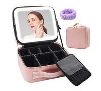 Auricrest Travel Makeup Bag, Beauty Reformation Travel Makeup Bag with Adjustable Dividers, Cosmetic Storage Box with 3 Color Modes LED Lighted and Mirror (Pink,Only Bag)