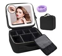 Auricrest Travel Makeup Bag, Beauty Reformation Travel Makeup Bag with Adjustable Dividers, Cosmetic Storage Box with 3 Color Modes LED Lighted and Mirror (Black,with 10x Magnifying Glass)
