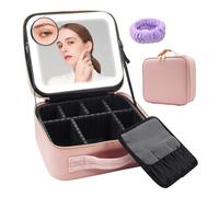 Auricrest Travel Makeup Bag, Beauty Reformation Travel Makeup Bag with Adjustable Dividers, Cosmetic Storage Box with 3 Color Modes LED Lighted and Mirror (Pink,with 10x Magnifying Glass)