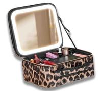 Auricrest Travel Makeup Bag with Adjustable Dividers LED Light Mirror | Portable Waterproof Hanging Cosmetic Organizer for Toiletries Storage (Leopard Print)