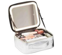 Auricrest Travel Makeup Bag with Adjustable Dividers LED Light Mirror | Portable Waterproof Hanging Cosmetic Organizer for Toiletries Storage (Reflective Silver)