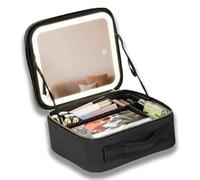 Auricrest Travel Makeup Bag with Adjustable Dividers LED Light Mirror | Portable Waterproof Hanging Cosmetic Organizer for Toiletries Storage (Black)