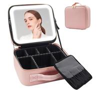 Auricrest Travel Makeup Bag, with LED Lighted Make up Case with Mirror 3 Color Setting Cosmetic Makeup Box Organizer, for Travel and Daily (Pink)