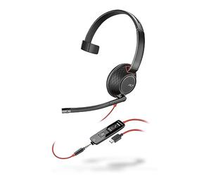 Auricular Poly Blackwire 5210 con cable (Plantronics), Micrófono de brazo flexible con cancelación de ruido, Diseño monoaural, Conexión a PC o teléfono móvil mediante USB-C, USB-A o conector de 3,5 mm