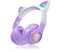 Auriculares Bluetooth para Niños, Auriculares Inalámbricos para Niños Aluusy, Supraaurales Plegables con Orejas de Gato LED y Micrófono Incorporado, 85dB, Carga USB C, para Viajes, Regalo para Navidad
