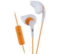 Auriculares deportivos de goma JVC con boquilla blanca y naranja, ajuste c modo y seguro, resistentes al sudor y con cable largo de color HA-ENR1