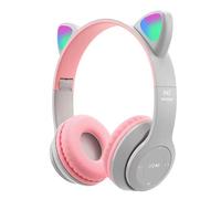 Auriculares infantiles, auriculares inalámbricos Bluetooth con orejas de gato y luces LED, color morado y azul claro, compatibles con dispositivos,