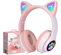 Auriculares infantiles con orejas de gato, audio de calidad de estudio más seguro y luces LED de colores, Bluetooth 5.2, plegables y ligeros para la