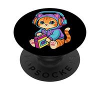 Auriculares Kawaii Cat Retro Music Kitten 80s 90s PopSockets PopGrip Adhesivo