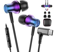 Auriculares USB C con cable tipo C con enchufe C de ángulo recto de 90° para Google Pixel 10 Pro XL 9 Pro para iPhone 17 Pro 16 15 Samsung S25 A16 S21 con micrófono y control de volumen, color morado