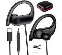 Auriculares USB C para Samsung S25 FE S24 Ultra, Hifi graves profundos estéreo, cancelación de ruido, auriculares con cable, auriculares tipo C con gancho para la oreja para iPhone 17 Pro 16 15