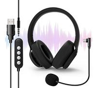Auriculares USB con micrófono, [plegables] 2 m de longitud para computadora con cancelación de ruido, micrófono desmontable y diseño cerrado para laptop, tableta, chat de negocios, juegos, enseñanza, etc
