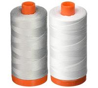 Aurifil 50 WT - 2 carretes de hilo de algodón Mako, gris paloma y blanco, 1300 m cada uno, grosor 50
