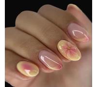 Auriselle 24 Piezas Uñas Postizas Cortas Forma Almendra, Uñas Postizas con Puntas Francesas Amarillas, Reutilizables 3D Flores Nails, Francesas Nails, Regalo de Cumpleaños para Mujeres y Niñas